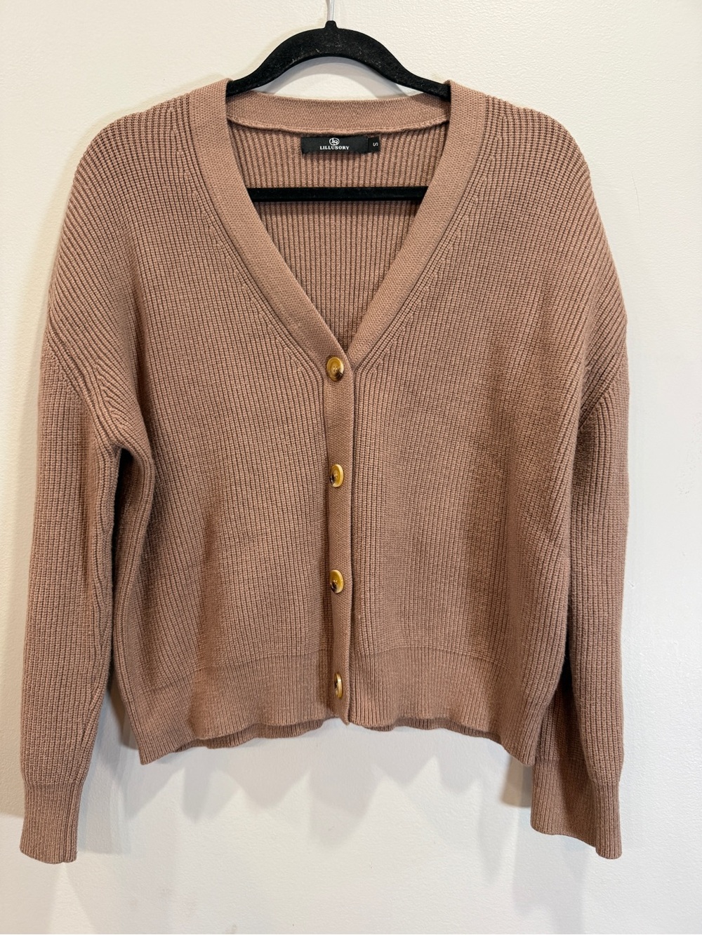 Lilla P Taupe Ribbed V-Neck Cardigan with Gold Buttons